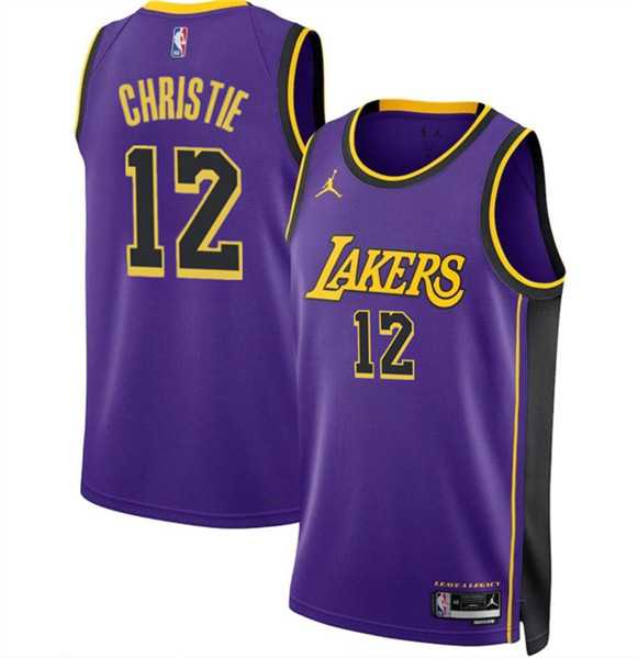 Mens Los Angeles Lakers #12 Max Christie Purple 2024 Statement Edition Stitched Basketball Jersey Dzhi